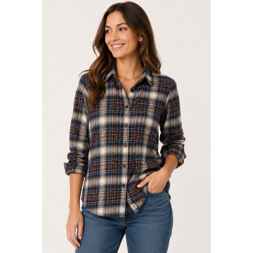 Carhartt Plaid Flannel Button Front Shirt Brown Navy Cotton Women’s Small